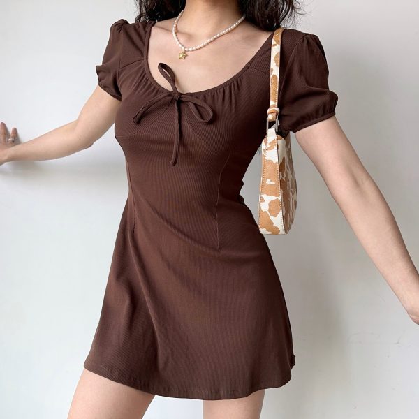 U-neck Puff Sleeve Bow Short Sleeve Dress - Slim A-line Skirt, European American Style, Trendy Women's Fashion, Perfect for Y2K Looks