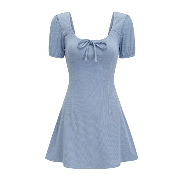 U-neck Puff Sleeve Bow Short Sleeve Dress - Slim A-line Skirt, European American Style, Trendy Women's Fashion, Perfect for Y2K Looks