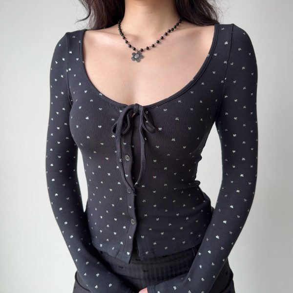 U-neck Tie Bow Rhinestone Long Sleeve Cardigan T-shirt in European American Style for Women - Trendy Y2K Fashion Top