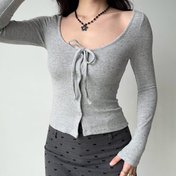 U-neck Tie Bow Rhinestone Long Sleeve Cardigan T-shirt in European American Style for Women - Trendy Y2K Fashion Top