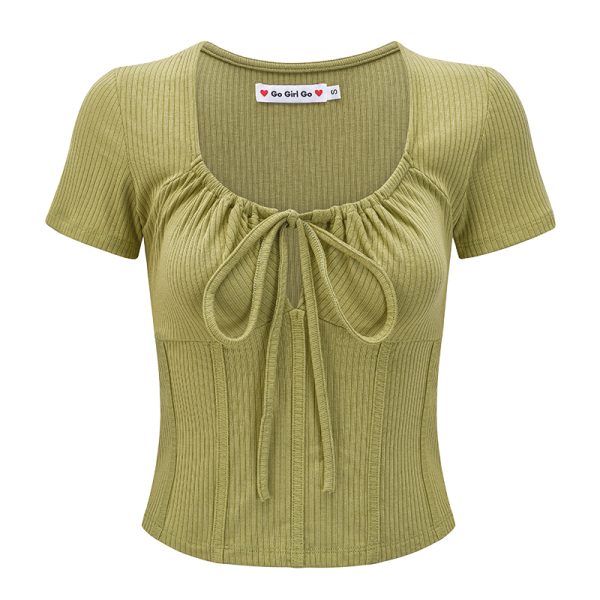 U-Neck Tie Short Sleeve T-Shirt for Women - Fishbone Waist-Cinching Slim Fit - Trendy European American Style