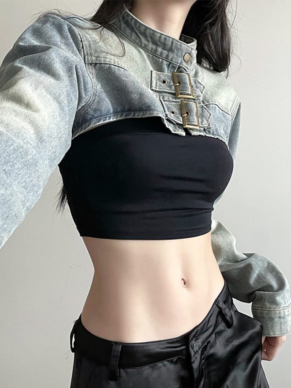 Ultra-Short Denim Vest Jacket for Women - Street Style Hot Girl Design with Stand Collar - Trendy Autumn Fashion Outerwear
