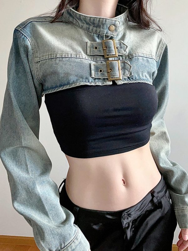 Ultra-Short Denim Vest Jacket for Women - Street Style Hot Girl Design with Stand Collar - Trendy Autumn Fashion Outerwear
