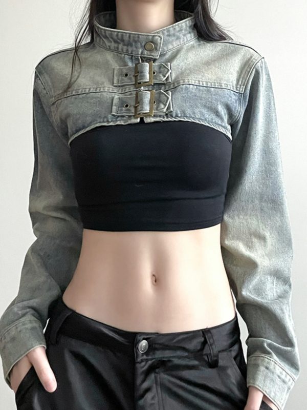 Ultra-Short Denim Vest Jacket for Women - Street Style Hot Girl Design with Stand Collar - Trendy Autumn Fashion Outerwear