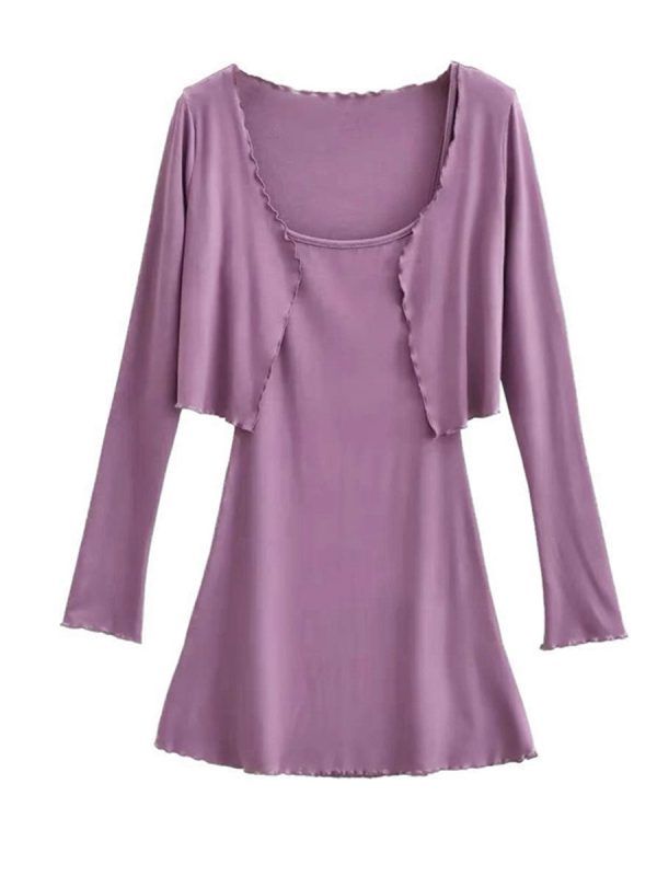 Ultra-Slim Sexy Retro Taro Purple Bodycon Camisole Dress with Wave Cardigan Set - Y2K Style