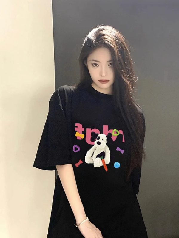 Unisex American Retro Cartoon Dog Pure Cotton Short Sleeve T-Shirt, Plus Size, Loose Fit, Casual Couple Top, Vintage Style