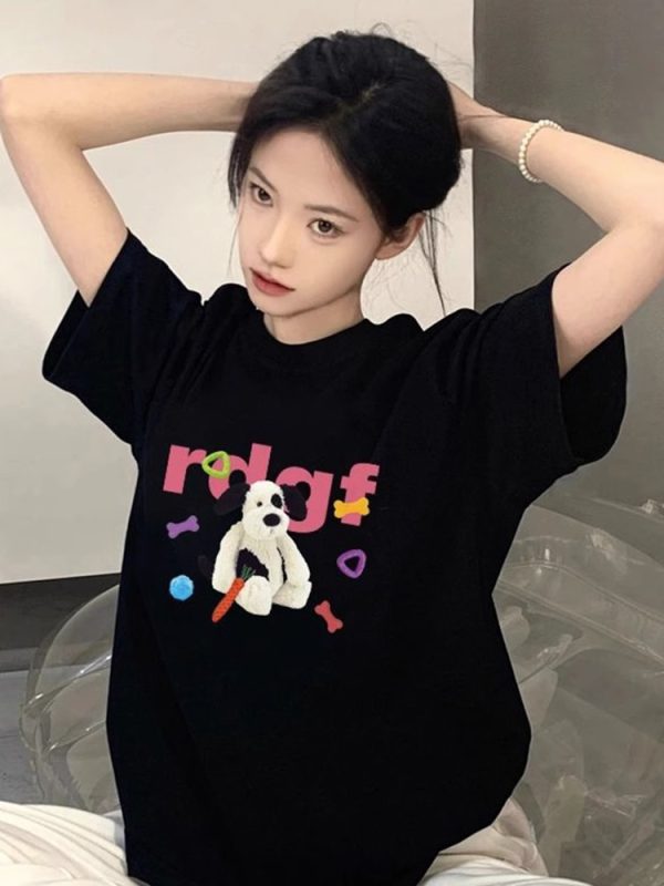 Unisex American Retro Cartoon Dog Pure Cotton Short Sleeve T-Shirt, Plus Size, Loose Fit, Casual Couple Top, Vintage Style