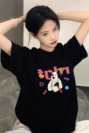 Unisex American Retro Cartoon Dog Pure Cotton Short Sleeve T-Shirt, Plus Size, Loose Fit, Casual Couple Top, Vintage Style
