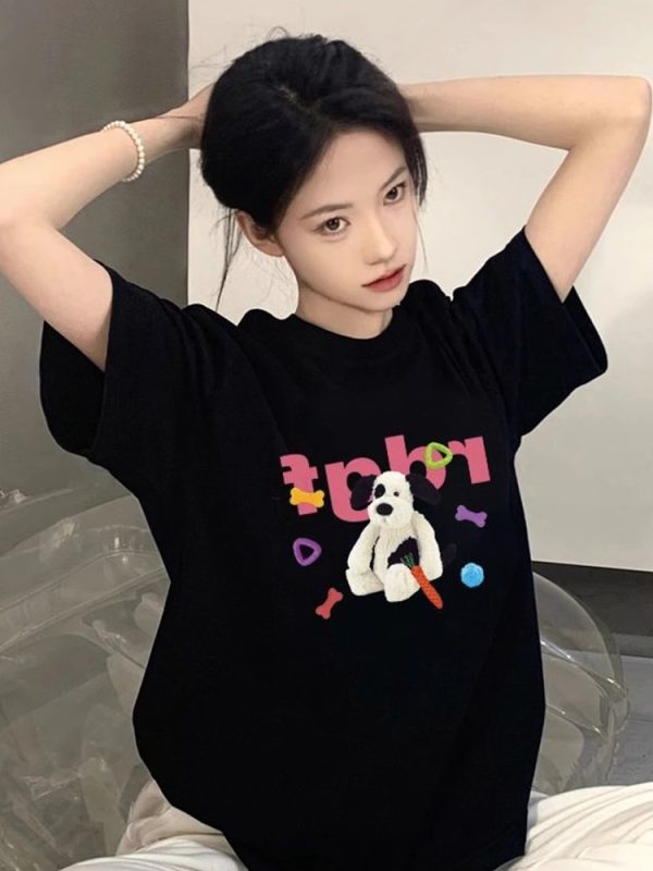 Unisex American Retro Cartoon Dog Pure Cotton Short Sleeve T-Shirt, Plus Size, Loose Fit, Casual Couple Top, Vintage Style