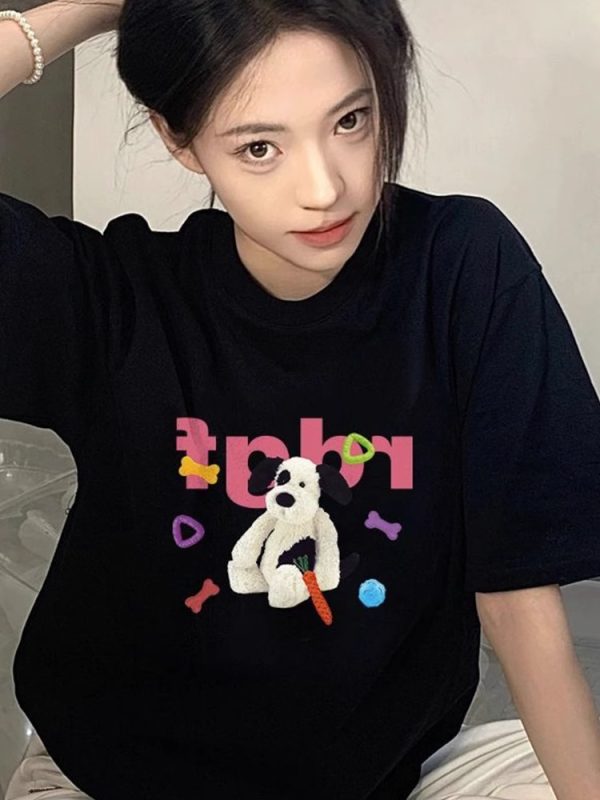 Unisex American Retro Cartoon Dog Pure Cotton Short Sleeve T-Shirt, Plus Size, Loose Fit, Casual Couple Top, Vintage Style