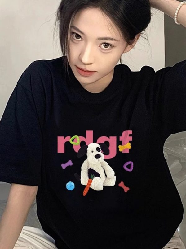 Unisex American Retro Cartoon Dog Pure Cotton Short Sleeve T-Shirt, Plus Size, Loose Fit, Casual Couple Top, Vintage Style