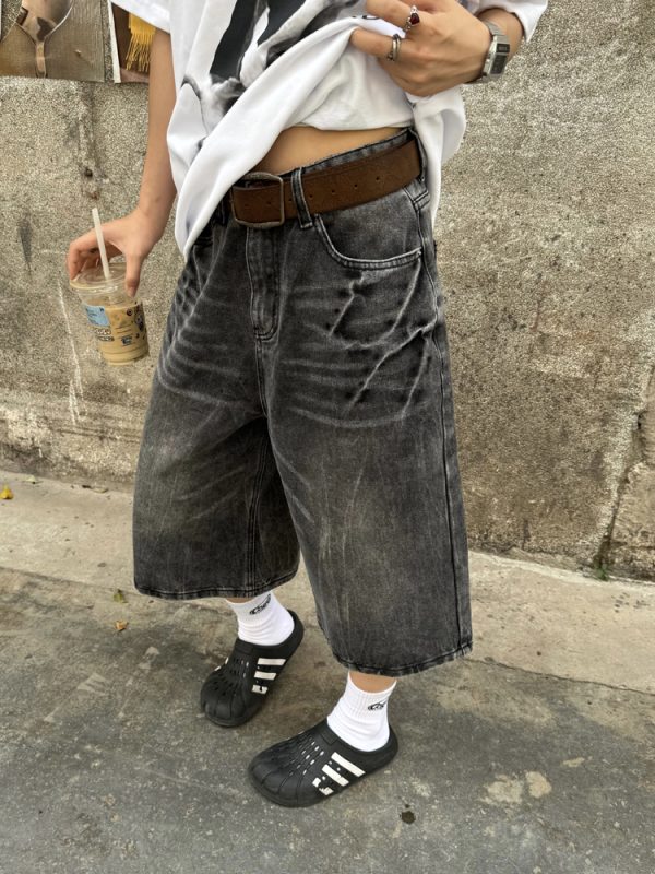 Unisex American Retro Washed Lightning Pattern Loose Fit Seven-Point Denim Shorts - Streetwear Summer Style