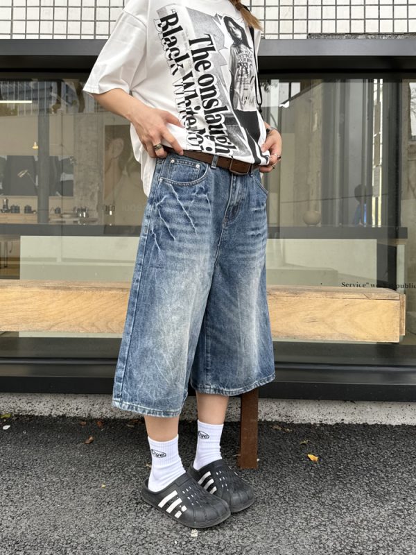 Unisex American Retro Washed Lightning Pattern Loose Fit Seven-Point Denim Shorts - Streetwear Summer Style