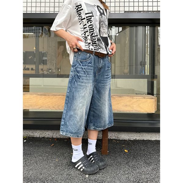 Unisex American Retro Washed Lightning Pattern Loose Fit Seven-Point Denim Shorts - Streetwear Summer Style