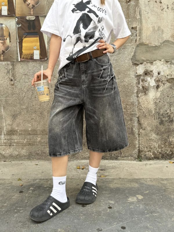 Unisex American Retro Washed Lightning Pattern Loose Fit Seven-Point Denim Shorts - Streetwear Summer Style