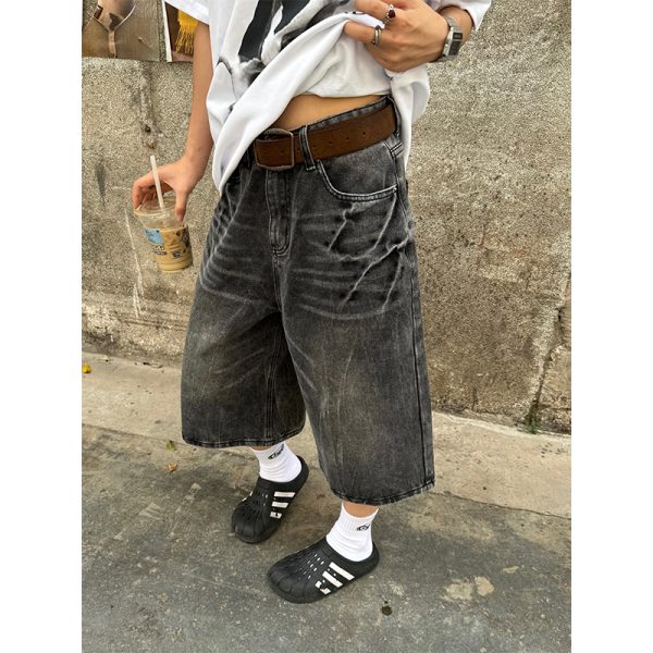 Unisex American Retro Washed Lightning Pattern Loose Fit Seven-Point Denim Shorts - Streetwear Summer Style