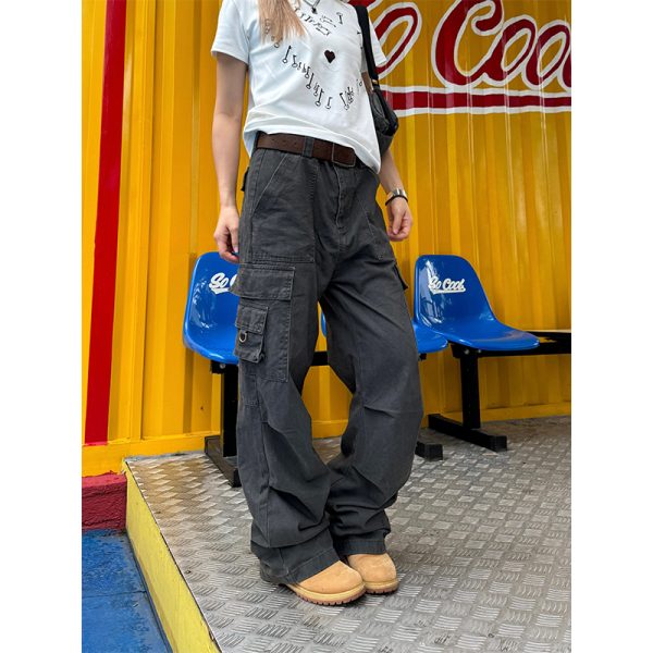 Unisex American Retro Washed Multi-Pocket Straight Work Pants - Loose Daily Street Style, Wrinkled Design for Effortless Fashion