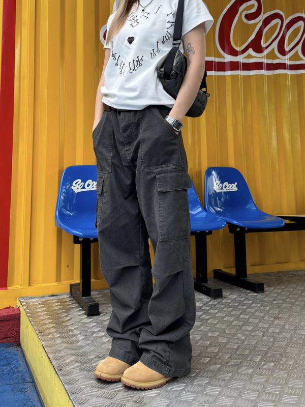 Unisex American Retro Washed Multi-Pocket Straight Work Pants - Loose Daily Street Style, Wrinkled Design for Effortless Fashion