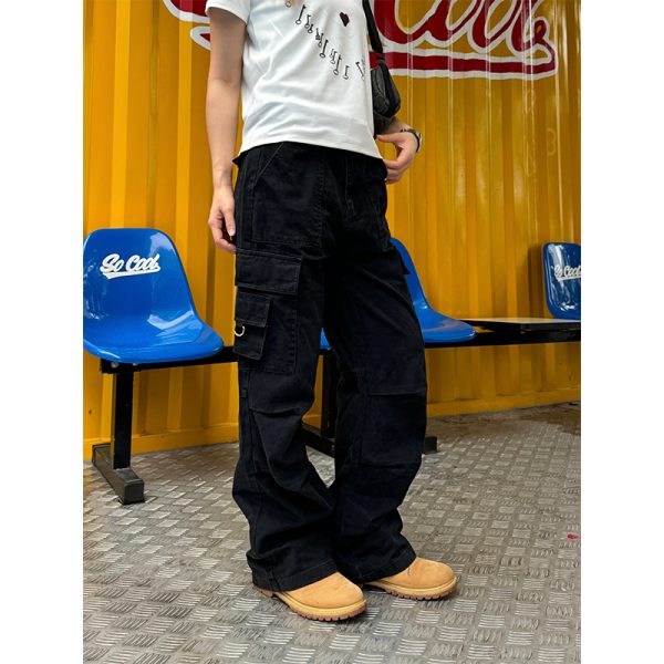 Unisex American Retro Washed Multi-Pocket Straight Work Pants - Loose Daily Street Style, Wrinkled Design for Effortless Fashion