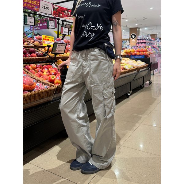 Unisex American Retro Washed Straight-Leg Distressed Multi-Pocket Work Pants - Casual Street Style Long Pants for Y2K Fashion