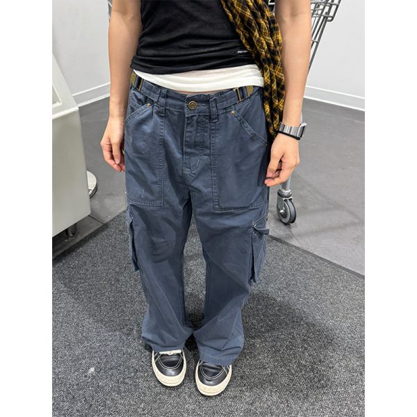 Unisex American Retro Washed Straight-Leg Distressed Multi-Pocket Work Pants - Casual Street Style Long Pants for Y2K Fashion