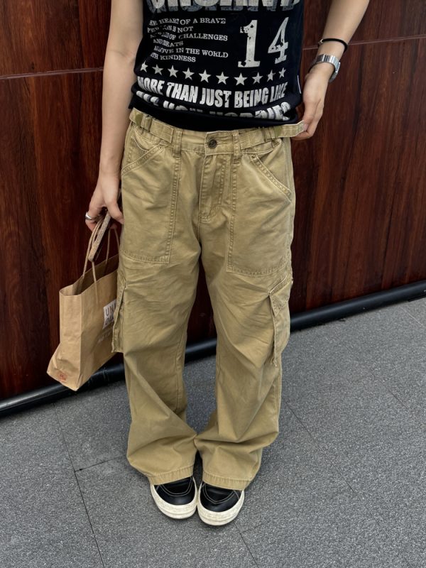 Unisex American Retro Washed Straight-Leg Distressed Multi-Pocket Work Pants - Casual Street Style Long Pants for Y2K Fashion
