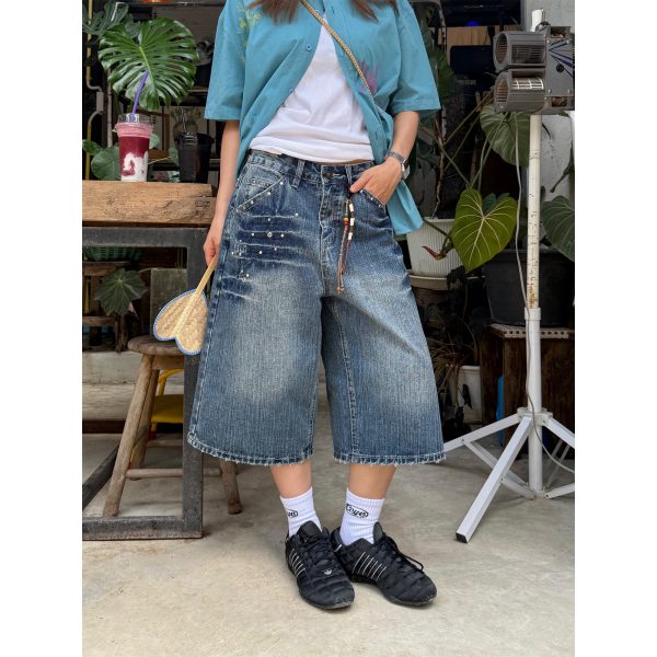 Unisex American-Style Diamond-Inlaid Bamboo Joint Denim Capris - Summer Loose Wide-Leg Shorts for Men and Women
