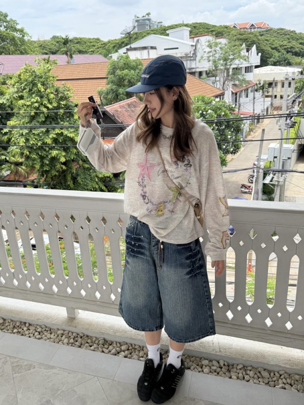 Unisex American-Style Diamond-Inlaid Bamboo Joint Denim Capris - Summer Loose Wide-Leg Shorts for Men and Women