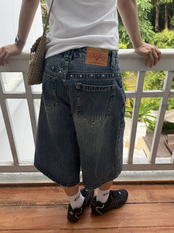 Unisex American-Style Diamond-Inlaid Bamboo Joint Denim Capris - Summer Loose Wide-Leg Shorts for Men and Women