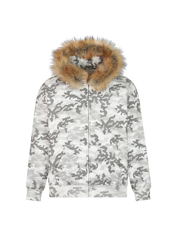 Unisex Autumn Winter Snow Camouflage Fleece-Lined Hooded Zipper Sweatshirt - Stylish Streetwear for Men and Women