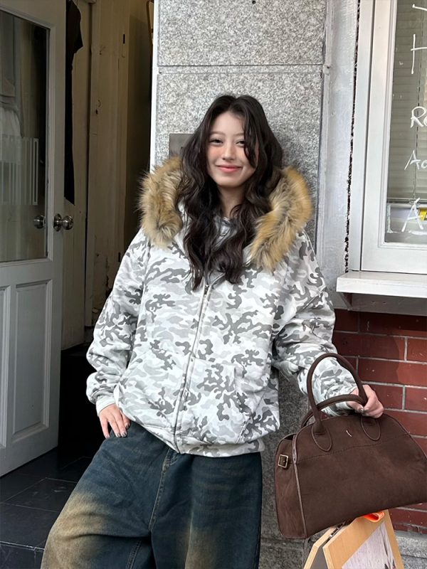 Unisex Autumn Winter Snow Camouflage Fleece-Lined Hooded Zipper Sweatshirt - Stylish Streetwear for Men and Women