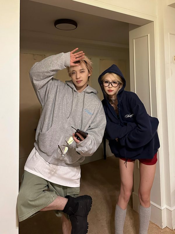 Unisex Beaded Hoodie for Couples - Casual Loose Fit American Letter Design for Spring & Autumn Fashion