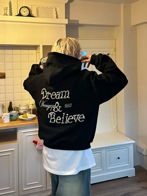 Unisex Beaded Hoodie for Couples - Casual Loose Fit American Letter Design for Spring & Autumn Fashion
