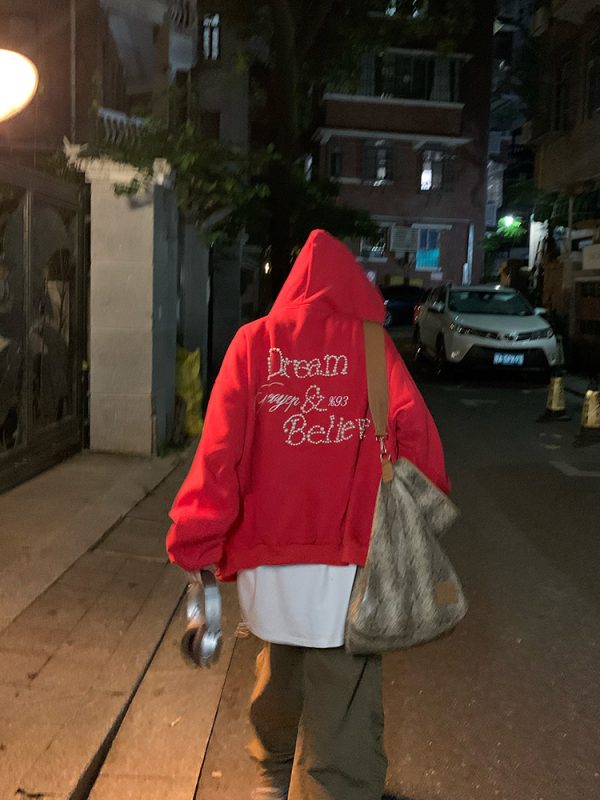 Unisex Beaded Hoodie for Couples - Casual Loose Fit American Letter Design for Spring & Autumn Fashion