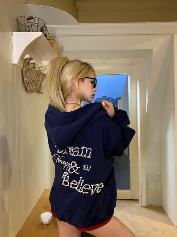 Unisex Beaded Hoodie for Couples - Casual Loose Fit American Letter Design for Spring & Autumn Fashion