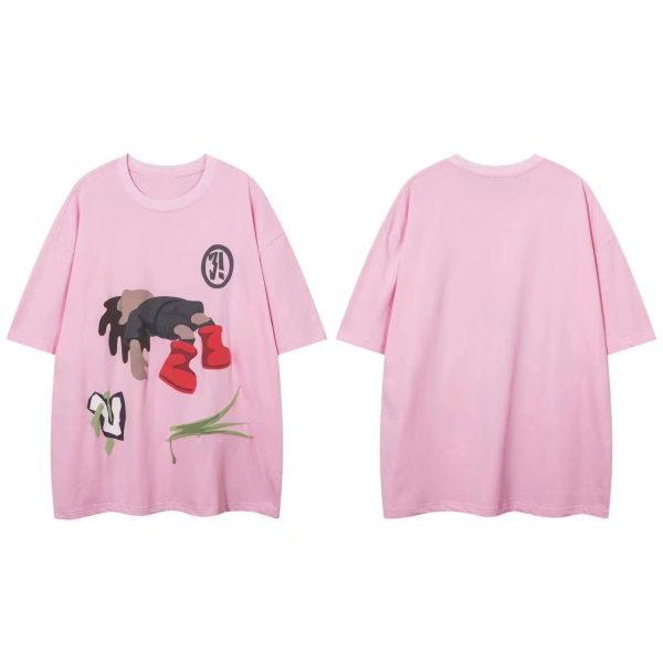 Unisex Cartoon Print Cotton Short-Sleeve T-Shirt - Trendy Loose Fit Round Neck for Couples - Summer 90s Style
