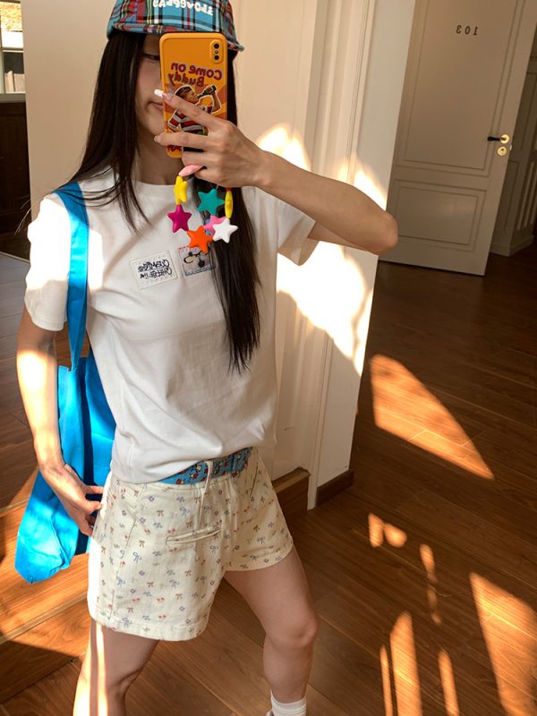 Unisex Fun Cat Patch Embroidery Short Sleeve T-Shirt - American Style Summer Versatile Basic Top for 90s and Y2K Fashion