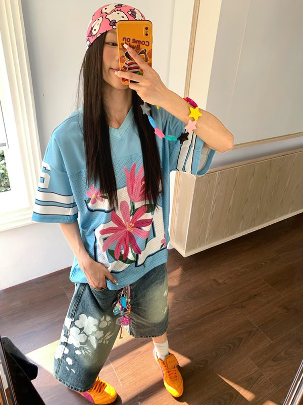 Unisex High Street Floral Print Washed Denim Shorts - Summer Straight Loose Wide-Leg 90s Style Seven-Point Pants