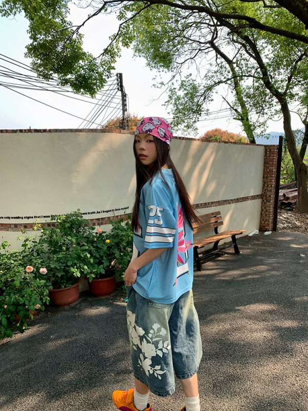 Unisex High Street Floral Print Washed Denim Shorts - Summer Straight Loose Wide-Leg 90s Style Seven-Point Pants