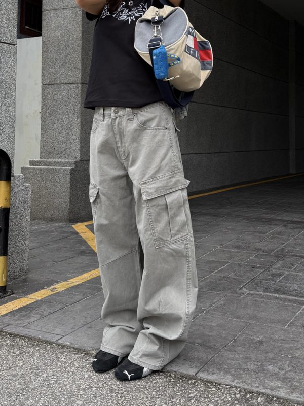Unisex High Street Multi-Pocket Cargo Pants with Curved Knife Design - Loose Fit, Casual, Washed Look, Perfect for Y2K Style
