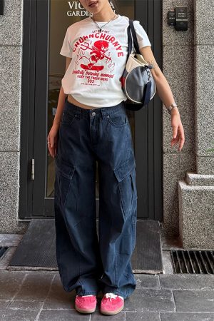 Unisex High Street Multi-Pocket Cargo Pants with Curved Knife Design - Loose Fit, Casual, Washed Look, Perfect for Y2K Style
