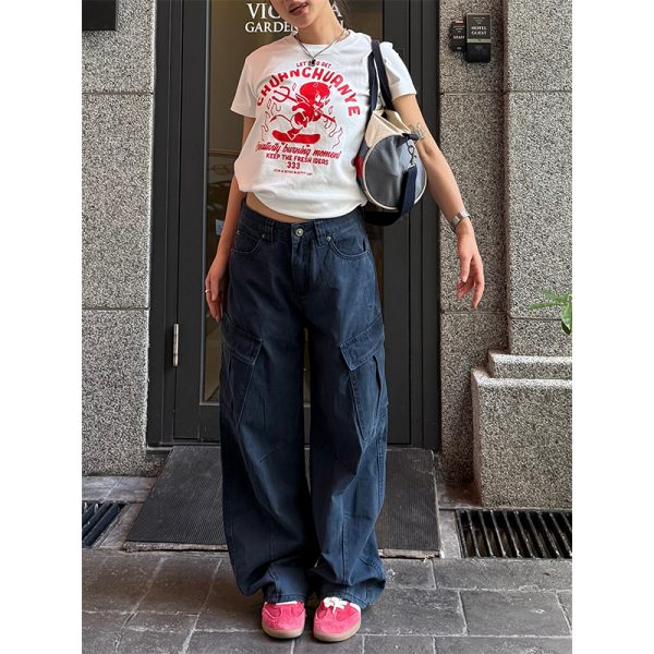 Unisex High Street Multi-Pocket Cargo Pants with Curved Knife Design - Loose Fit, Casual, Washed Look, Perfect for Y2K Style
