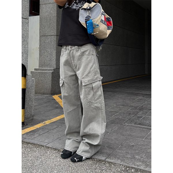 Unisex High Street Multi-Pocket Cargo Pants with Curved Knife Design - Loose Fit, Casual, Washed Look, Perfect for Y2K Style