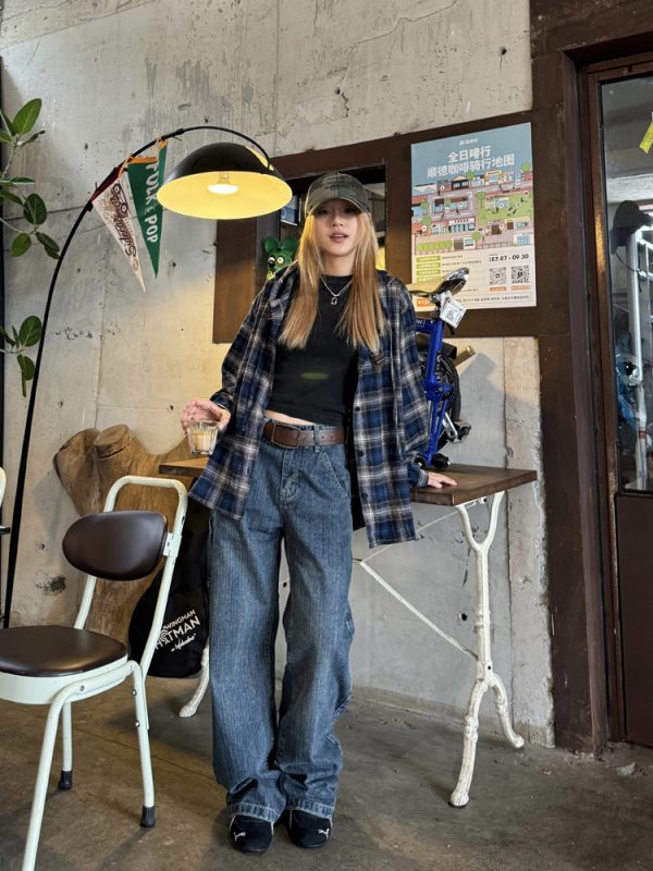 Unisex Hooded Long Sleeve Plaid Shirt - Retro Street Style, Color Block Design, Casual Fashion Polo for Men and Women