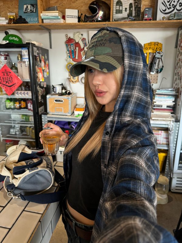 Unisex Hooded Long Sleeve Plaid Shirt - Retro Street Style, Color Block Design, Casual Fashion Polo for Men and Women