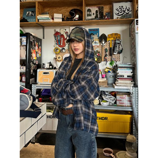 Unisex Hooded Long Sleeve Plaid Shirt - Retro Street Style, Color Block Design, Casual Fashion Polo for Men and Women