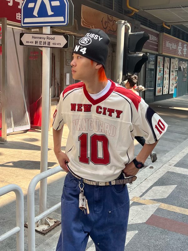 Unisex Loose Fit V-Neck Number 10 Printed Mesh Short Sleeve Jersey T-Shirt - American Style Streetwear Sports Top