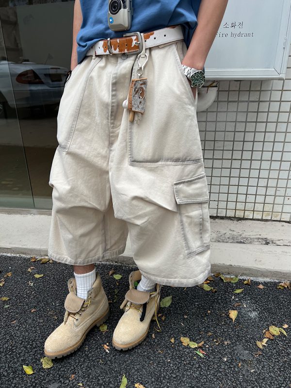 Unisex Loose Pleated Wide-Leg Seven-Point Workwear Shorts with Large Pockets - Summer Casual Fashion