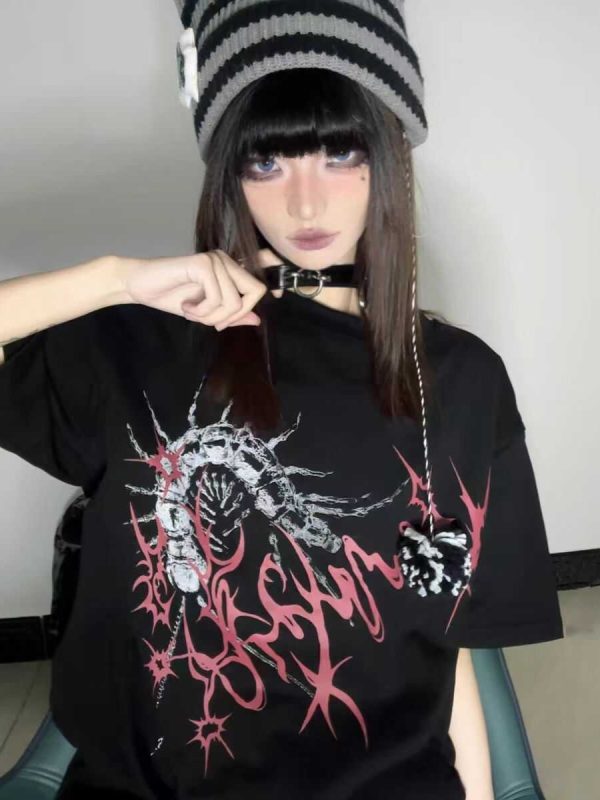 Unisex Oversized Dark Gothic Streetwear T-Shirt - Cotton Round Neck Half Sleeve Black Subculture Fashion