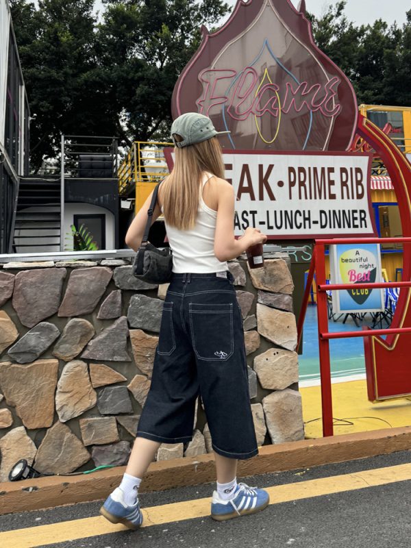 Unisex Retro American Denim 7-Point Wide-Leg Shorts - Trendy Loose Fit Summer Streetwear for a Casual Look